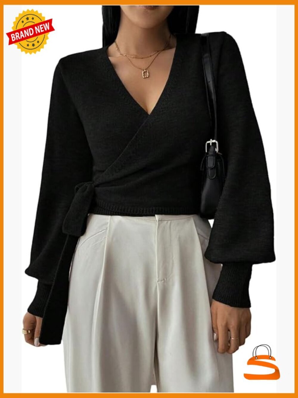 Women's Long Sleeve V Neck Wrap Belted Cropped Knit Sweater Tops